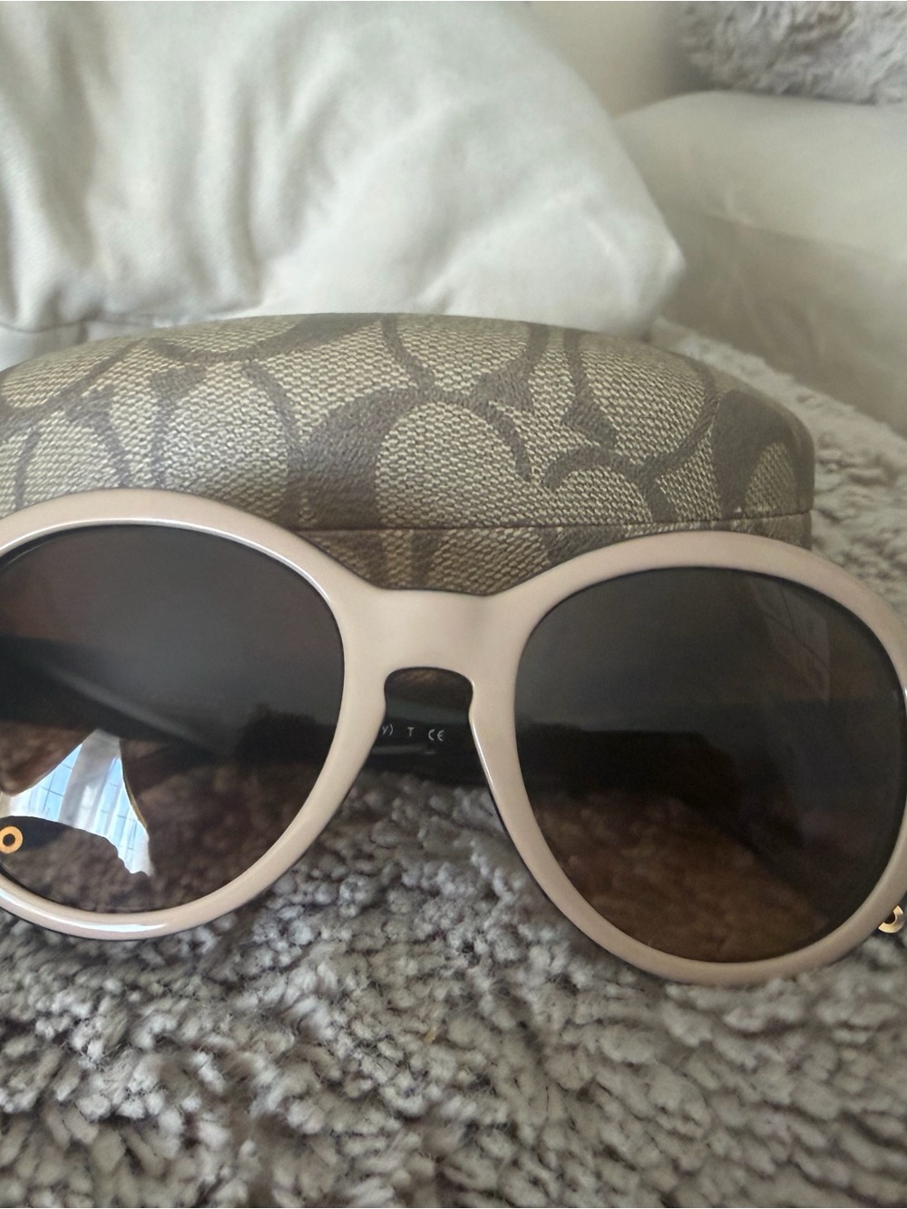 Coach Women's Round Sunglasses in Light Beige with Dark Lenses - No Scratches